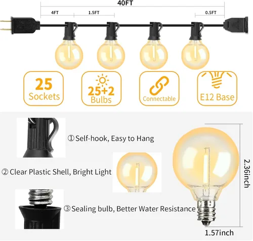 Vista 5 de Cadena de luces LED para exteriores de 40 pies, impermeables, G40, luces LED de globo para exteriores para patio con 27 bombillas Edison vintage a