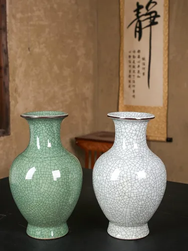 Vista 6 de Jarrón de cerámica verde, jarrones chinos antiguos de esmalte de grietas de hielo, 11.2 pulgadas de alto Handmade Art Big China Porcelain Vase for