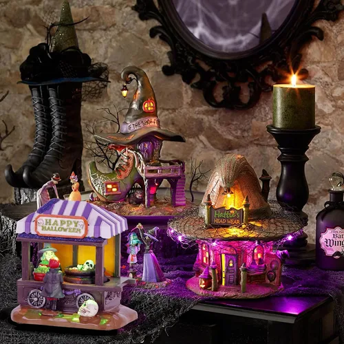Vista 5 de innodept12 Casa de pueblo espeluznante coleccionable de Halloween, figuras de tienda de bruja y esqueleto con luces LED, B/O