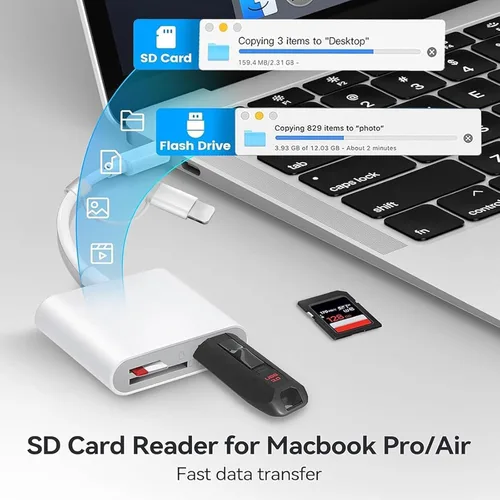 Vista 6 de Lector de tarjetas SD para iPhone iPad, adaptador de tarjeta SD de doble puerto Lightning USB-C integrado con SD MicroSD USB 3 ranuras para cámara
