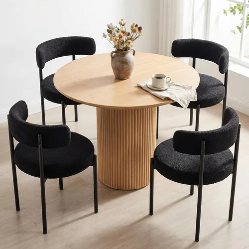 Vista 30 de Juego de 2 sillas de comedor Boucle, sillas de comedor beige con asiento tapizado y respaldo redondo, sillas de cocina modernas de mediados de siglo