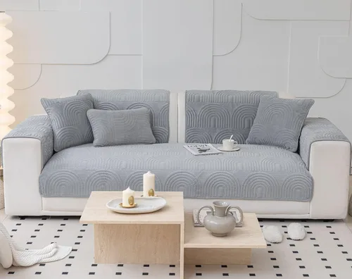 Vista 2 de Funda de sofá geométrica de granja para sofá, funda de terciopelo suave acolchada para sofá seccional, funda de sofá antideslizante para sofá, Gris