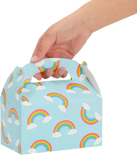 Vista 4 de Blue Panda Paquete de 24 cajas de recuerdos de fiesta a dos aguas de arco iris, caja a dos aguas fácil de desplegar con asa incorporada, bolsas