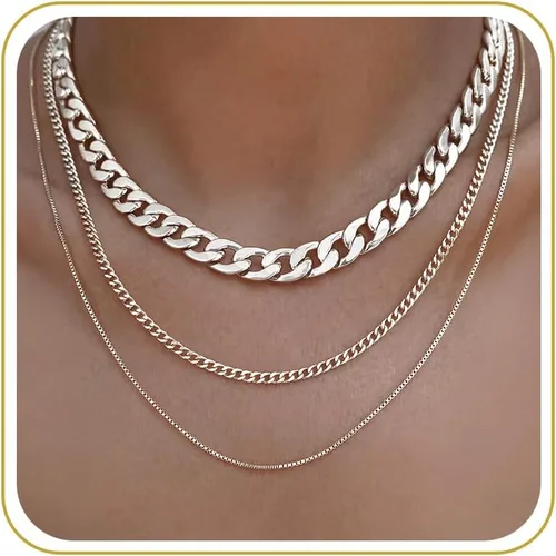 Vista 17 de Tewiky Layered Necklaces for Women Non Tarnish- Chunky 14k Gold Plated Herringbone/Snake/Rope/Box/Cuban Link Chain for Women Waterproof Layering