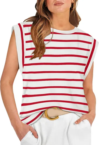 Vista 16 de WIHOLL Camisetas de mangas casquillo para mujer, camisetas básicas de verano, camisetas informales sin mangas, ajuste holgado, a la moda D - Raya