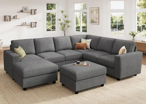 Vista 10 de HONBAY Sofá modular de pana con almacenamiento, sofá en forma de U con diván, sofá modular de 7 plazas para sala de estar, color beige