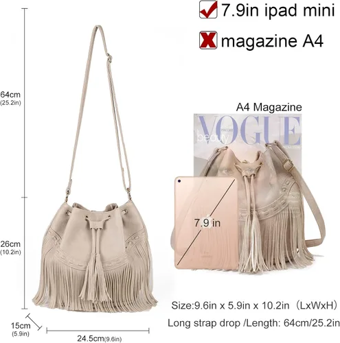 Vista 3 de Bolsos de cuero para mujer, bolsos cruzados con cordón para mujer, borla y bolsos de hombro
