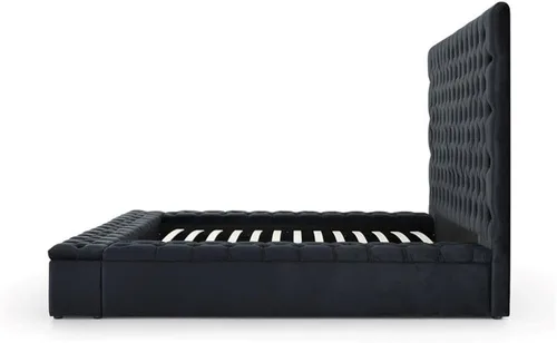 Vista 6 de Pemberly Row Cama de plataforma tamaño Queen con cabecero, pie de cama, plataforma, listones de madera en terciopelo, con almacenamiento en negro