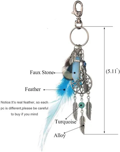 Vista 5 de Llavero de atrapasueños de moda con adorno bohemio de plumas, Azul