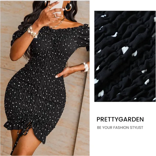 Vista 3 de PRETTYGARDEN Vestido ajustado de verano para mujer, con hombros descubiertos, manga corta, cordón, sexy, mini vestido fruncido para fiesta