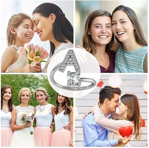 Vista 6 de Haoze - Anillo de letras iniciales para mujeres y niñas anillo de plata ajustable y apilable de letras anillo ajustable con incrustaciones