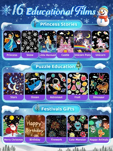 Vista 4 de Juguetes Frozen, luz nocturna de 15 músicas+16 películas+315 colores para niños, proyector de estrellas inalámbrico de 360°+control remoto