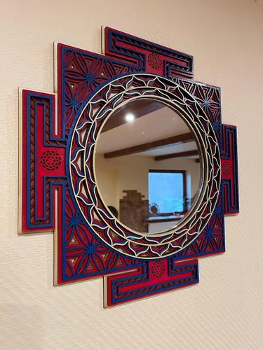 Vista 4 de BHDecor Espejo para decoración de pared para el hogar, marco tallado con láser de varias capas, elegante mandala de madera para colgar, paneles