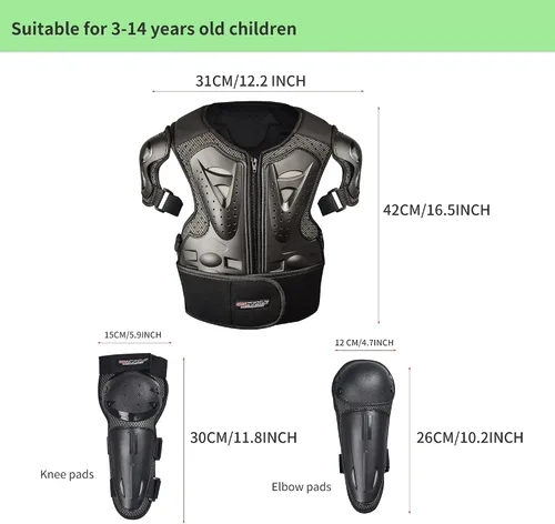 Vista 2 de Traje de armadura de moto para niños, equipo de protección para moto cross, chaleco protector para niños con almohadillas protectoras para codos