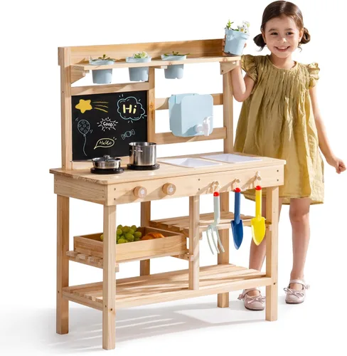 Vista 11 de ROBUD Cocina de Barro para Niños al Aire Libre, Cocina de Juego de Madera al Aire Libre, Cocina de Barro para Niños con Fregadero y Grifo