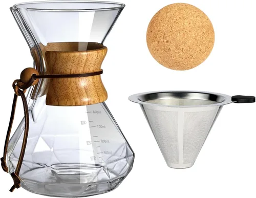 Vista 6 de Cafetera de Goteo con Funda de Madera, Cafetera de Goteo de 13.5oz/400ml, Juego de Cafetera de Goteo con Tapón de Corcho (13.5oz/400ml)