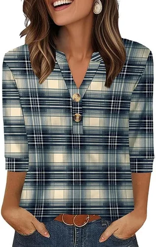 Vista 14 de OFEEFAN - Camisetas de manga 3/4 estilo Henley para mujer, blusas de moda de otoño 2025, atuendos escolares para maestras Raya