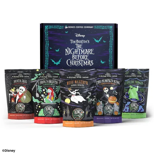 Vista 2 de Bones Coffee Company The Nightmare Before Christmas Caja de Coleccionista 5 Cafés de Sabores Granos de Arábica Bajo en Ácido Tostado Medio Café