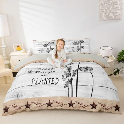 Vista 2 de Juego de funda de edredón de diente de león, estrella de Texas occidental, para niños y niñas, funda de edredón de tablones de madera gris y blanco