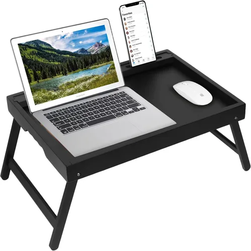 Vista 9 de Artmeer Bandeja de cama con patas plegables, bandeja de bambú para desayuno con ranura multimedia, uso como plato, escritorio para laptop
