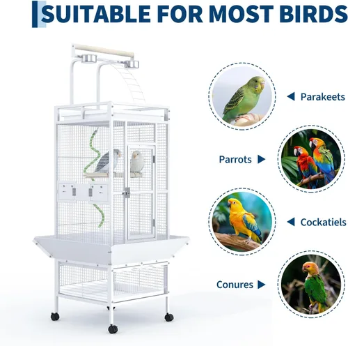 Vista 12 de Jaula grande para pájaros de 60 pulgadas de alto, jaula para periquitos de interior con reproductor, percha de cuerda para pájaros, jaula de pájaros