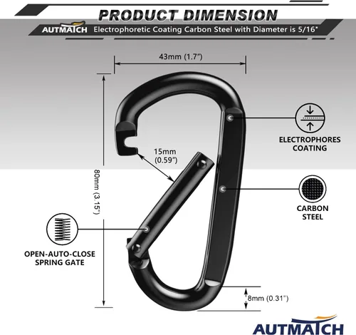 Vista 4 de AUTMATCH Carabiner Clips 3" - Heavy Duty Spring Snap Hook Clips Negro (estilo platy)