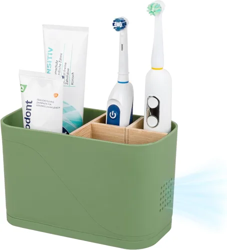 Vista 17 de Soportes para cepillo de dientes con drenaje para baños, soporte para cepillo de dientes de 4 ranuras con divisores de bambú, organizador de cepillo