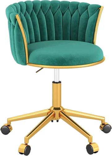 Vista 14 de Silla de oficina en casa tejida de terciopelo, moderna silla de escritorio giratoria con ruedas, silla de tocador ajustable en altura con base