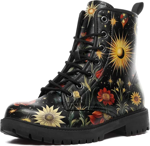 Vista 11 de Botas de Combate Florales de Setas para Mujer - Botas Góticas de Bosque Witchcore Tacón Grueso Cuero Vegano Moda con Cordones Botines Negros