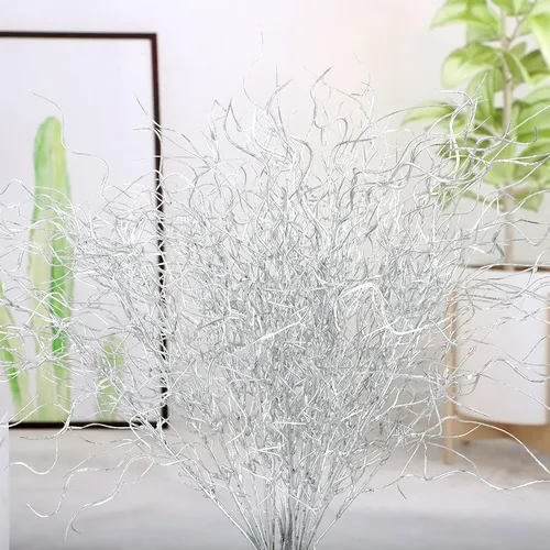 Vista 4 de Firlar Ramo de boda de 5 piezas de ramas rizadas plateadas, con purpurina de 21 pulgadas, ramo de flores artificiales para ramo de novia, decoración
