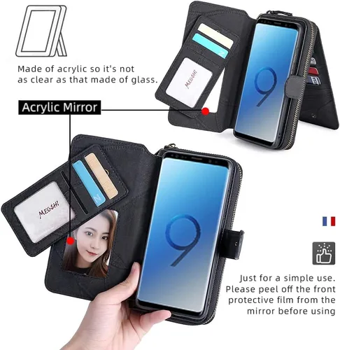 Vista 4 de Asuwish Funda de teléfono para Samsung Galaxy S9 Plus con cremallera, funda desmontable con protector de pantalla de vidrio templado y tarjetero