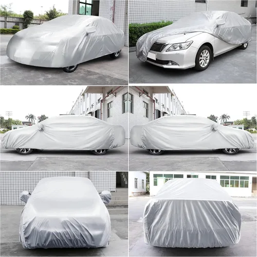 Vista 4 de Cubierta protectora de autos Uxcell 190T, cubierta de poliéster, impermeable y transpirable para todo tipo de clima, Blanco/Plateado