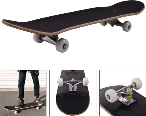 Vista 2 de Patineta completa doble Kick-tail de 7 capas de madera de arce canadiense, para profesionales, aficionados o principiantes Negro