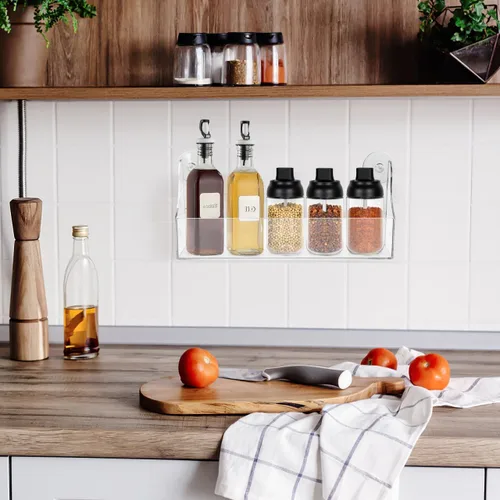 Vista 9 de Estante organizador de refrigerador con ventosa, estante de almacenamiento acrílico para refrigerador puede contener especias, tarro de aceite