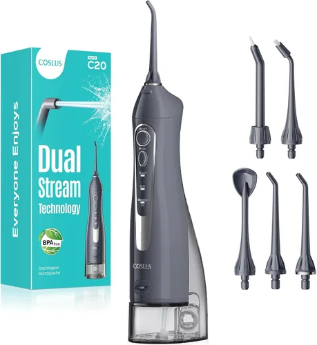 Vista 12 de COSLUS Hilo Dental de Agua: Irrigador Oral Portátil Inalámbrico 300ML Recargable Limpiador de Viaje IPX7 Impermeable Máquina de Hilo Dental