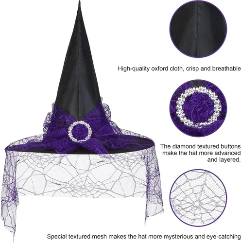 Vista 3 de Sombreros de bruja de Halloween para mujer suministros de fiesta sombrero de bruja de malla de Halloween