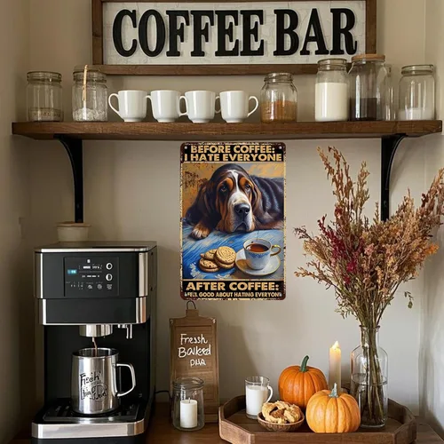 Vista 6 de KIYOYO Basset Hound Dog - Cartel de metal vintage de hound con texto en inglés "Before Coffee After Coffee" (Antes del café después del café)