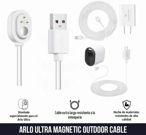 Vista 2 de Wasserstein - Cable de carga exterior resistente a la intemperie de 6 pies/1.8m con adaptador de carga rápida compatible con Arlo Ultra/Ultra 2/Pro