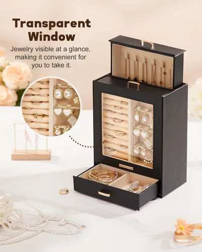 Vista 4 de Homde Organizador de joyas para niñas y mujeres, joyero para collares, anillos, aretes, regalo y pulseras (negro + dorado)