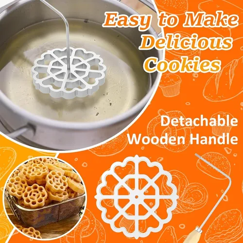 Vista 2 de Bunuelos - Juego de moldes de hierro con mango de madera, molde para hacer galletas de flor de loto, fabricante de rosetas desmontables, kit