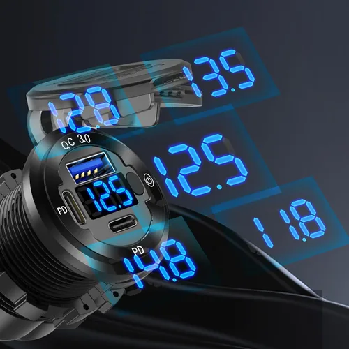 Vista 4 de Enchufe USB redondo de 12 V para automóvil, toma de corriente USB C de 12 V, cargador rápido marino de 3 puertos, impermeable, repuesto de salida