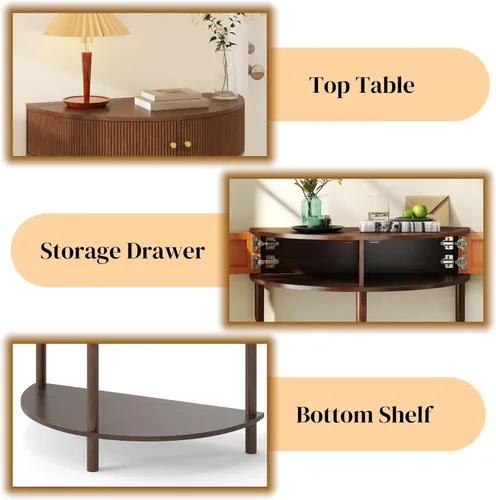 Vista 9 de Knocbel Mesa consola Half Moon con puerta con patrón de ondas, mesa auxiliar de sofá semicírculo con 2 cajones de almacenamiento y estante inferior