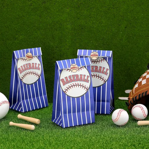 Vista 8 de Outus 30 bolsas de regalo de béisbol, bolsas de papel azules con calcomanías para fiestas temáticas de equipo, decoración de cumpleaños, celebración