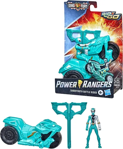 Vista 4 de Power Rangers Dino Fury Rip N Go Sabertooth Battle Rider and Dino Fury Green Ranger - Figura de acción y vehículo de 6 pulgadas, juguetes para niños