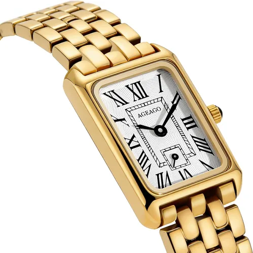 Vista 2 de Relojes dorados para mujer, pulsera vintage, esfera romana, rectangular, ultrafina, con herramienta de ajuste