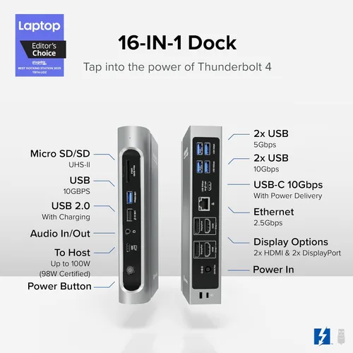 Vista 2 de Plugable Base Thunderbolt 4 16 en 1: monitores 4K duales para MacBook Air/Pro M4/M5, carga de 100 W, 2 HDMI, 2 puertos DisplayPort, Ethernet 2.5G, 7