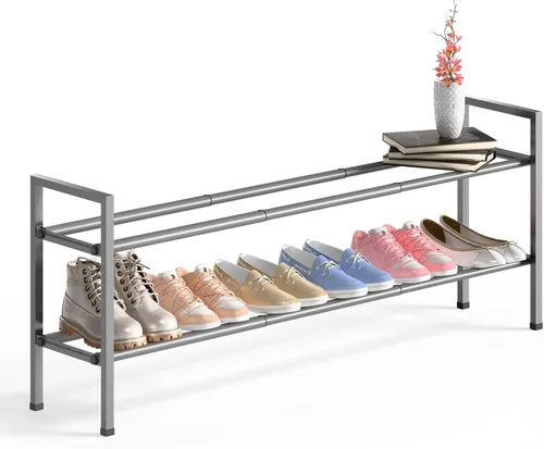 Vista 23 de Bumusty estante de zapatos de 2 niveles largo y expandible para clóset, estante de zapatos ajustable de 46-112 cm para entrada, estante organizador