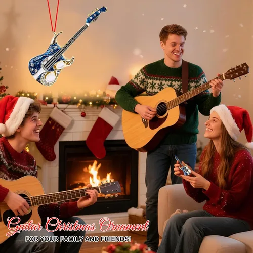 Vista 5 de D4DREAM Adorno de Navidad de guitarra, adornos colgantes de guitarra de metal para decoración de árbol de Navidad, guitarras eléctricas azules