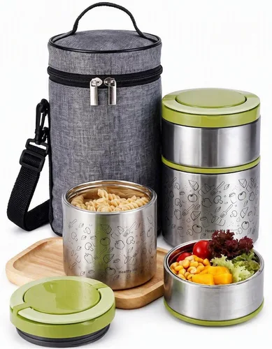 Vista 8 de Lille Home Caja de almuerzo/merienda térmica apilable de acero inoxidable aislada al vacío, contenedor Bento/de comida de 2 niveles con bolsa