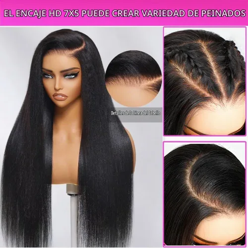 Vista 2 de Lealife 22 Pulgadas Peluca de cabello humano con encaje frontal recta sin pegamento pre degrafilada pre cortada 7X5 encaje HD pre nudos decolorados